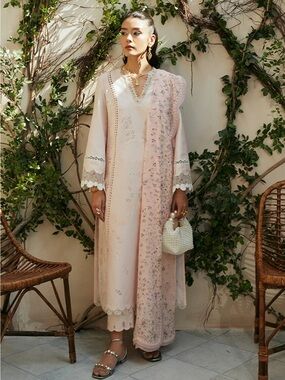 Elegant Women's Pastel Pink Embroidered Long Dress